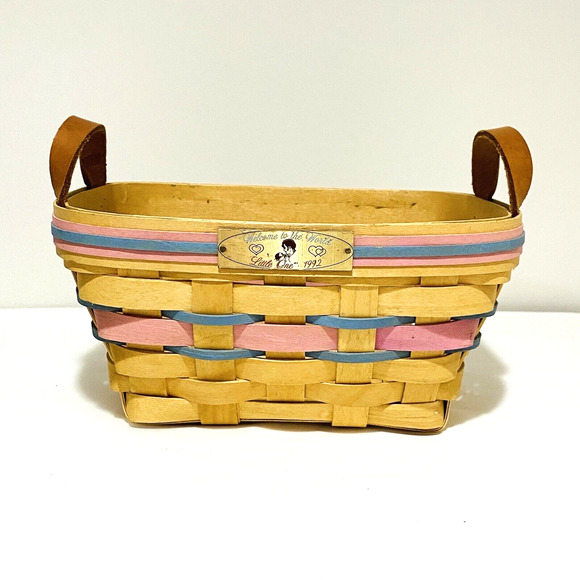 1992 Henn Basket Welcome to the World Pink Blue Bands Woven Signed Handles FLAW - Picture 1 of 11